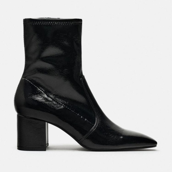 ZARA Faux Patent Black Ankle Block Heels Boots - Picture 1 of 4